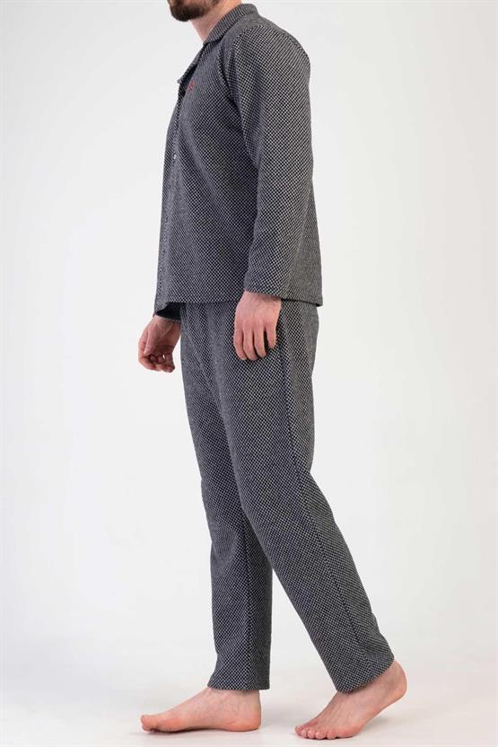 Mısırlı Erkek İnerlok Mikro Desenli Uzun Kollu Gömlek Pijama Takımı Siyah