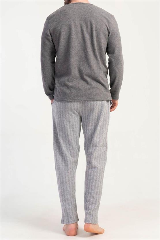Mısırlı Erkek İnterlok Çizgili Uzun Kollu Pijama Takımı Gri