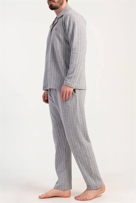 Mısırlı Erkek İnterlok Çizgili Uzun Kollu Gömlek Pijama Takımı Açık Gri
