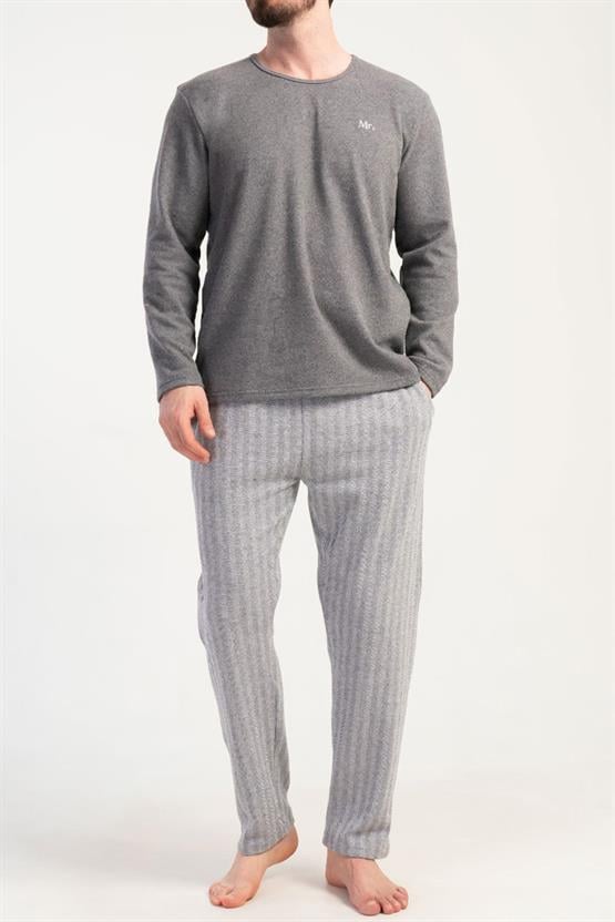 Mısırlı Erkek İnterlok Çizgili Uzun Kollu Pijama Takımı Gri
