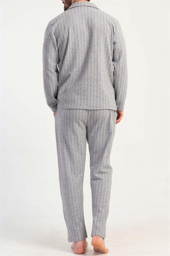 Mısırlı Erkek İnterlok Çizgili Uzun Kollu Gömlek Pijama Takımı Açık Gri