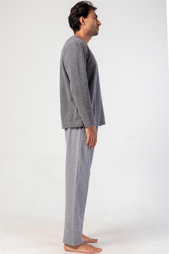 Mısırlı Erkek İnterlok Mikro Desenli Uzun Kollu Pijama Takımı Gri