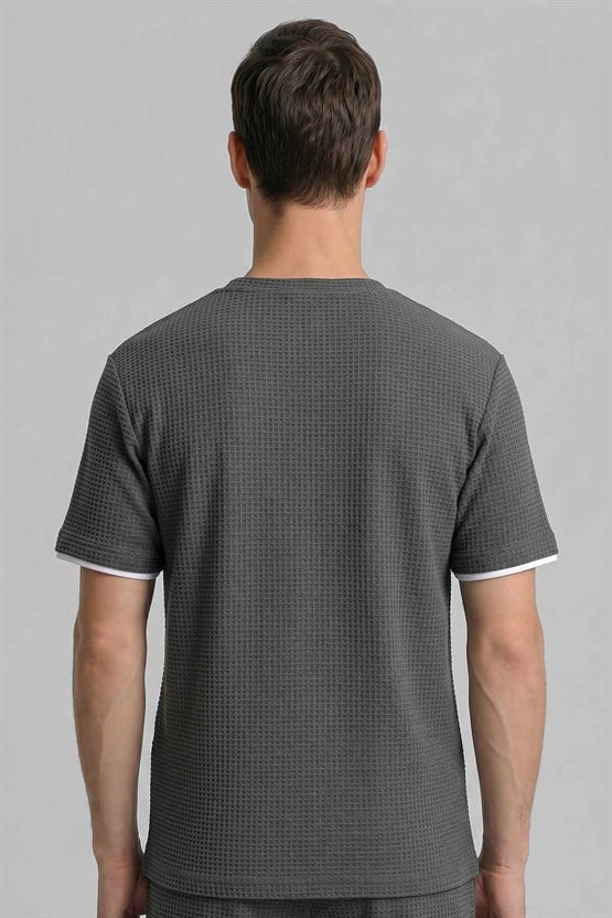 Mısırlı Erkek Jakarlı İnterlok Petek Desen Gofre T-shirt Antrasit
