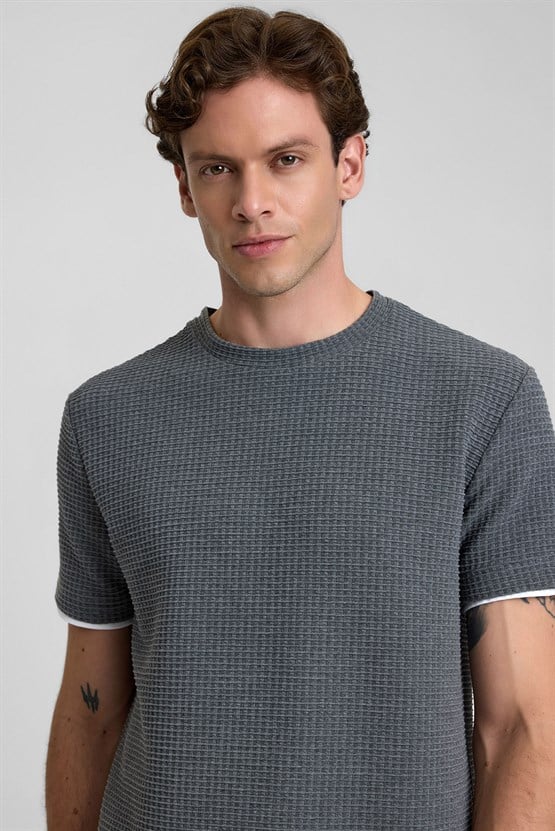 Mısırlı Erkek Jakarlı İnterlok Petek Desen Gofre SLIM FIT T-shirt Antrasit