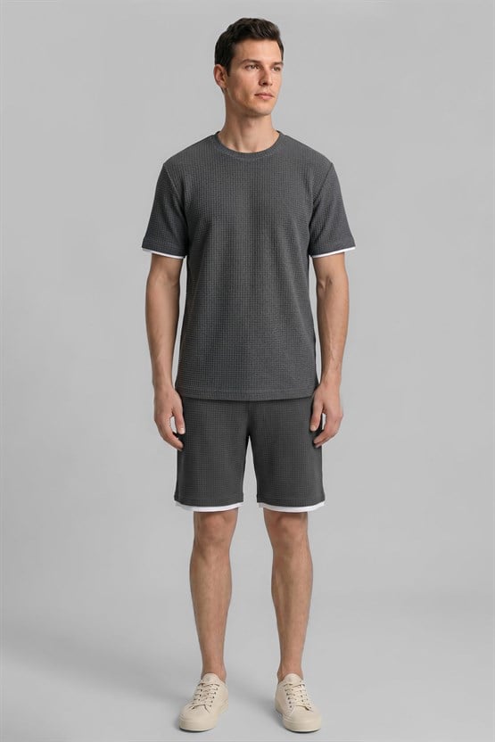 Mısırlı Erkek Jakarlı İnterlok Petek Desen Gofre T-shirt Antrasit