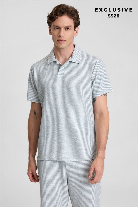 Mısırlı Erkek Jakarlı İnterlok Viskon Polo Yaka T-shirt Gri