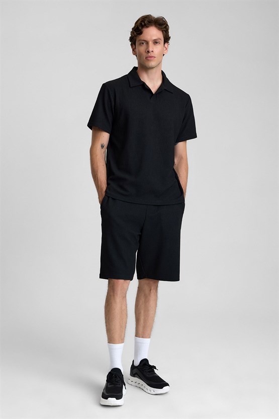 Mısırlı Erkek Jakarlı İnterlok Viskon Polo Yaka T-shirt Siyah