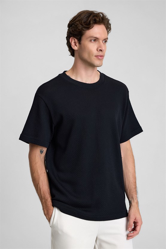 Mısırlı Erkek Jakarlı Pamuk Bisiklet Yaka OVERSİZE T-shirt Siyah