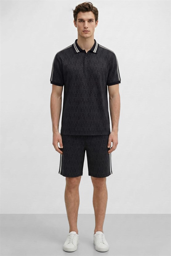 Mısırlı Erkek Monogram Tiktak Detaylı Polo Yaka T-shirt Siyah