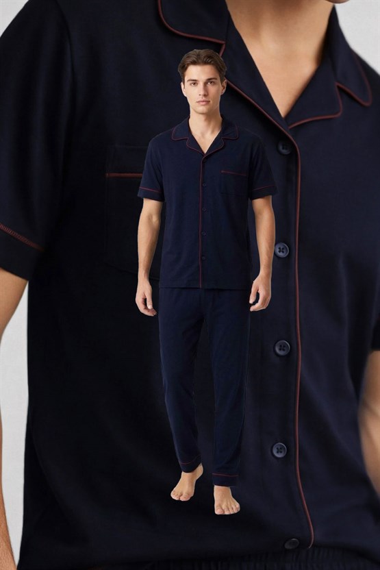 Mısırlı Erkek Pamuk Biye Detaylı Gömlek Pijama Takım Lacivert