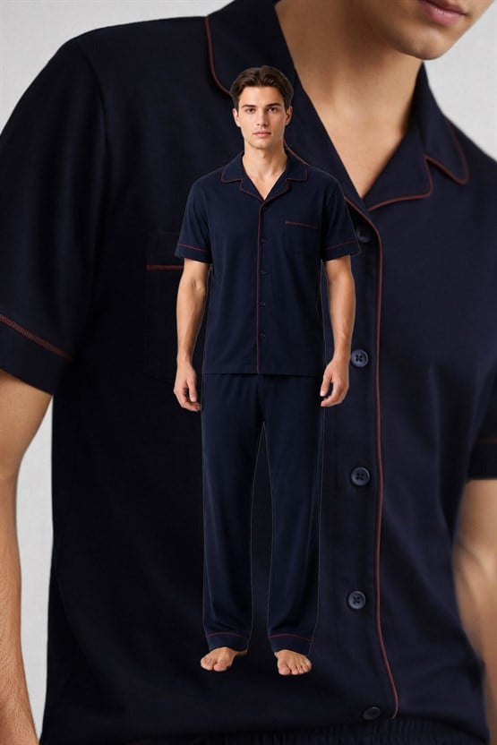 Mısırlı Erkek Pamuk Biye Detaylı Gömlek Pijama Takım Lacivert