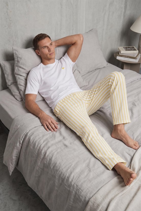 Mısırlı Erkek Pamuk Çizgili Pijama Takım Beyaz-Sarı