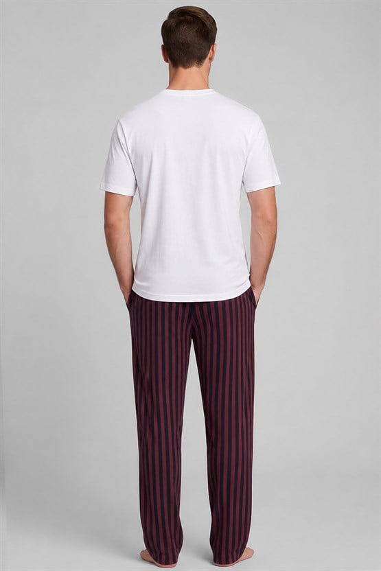Mısırlı Erkek Pamuk Çizgili Pijama Takım Beyaz-Bordo