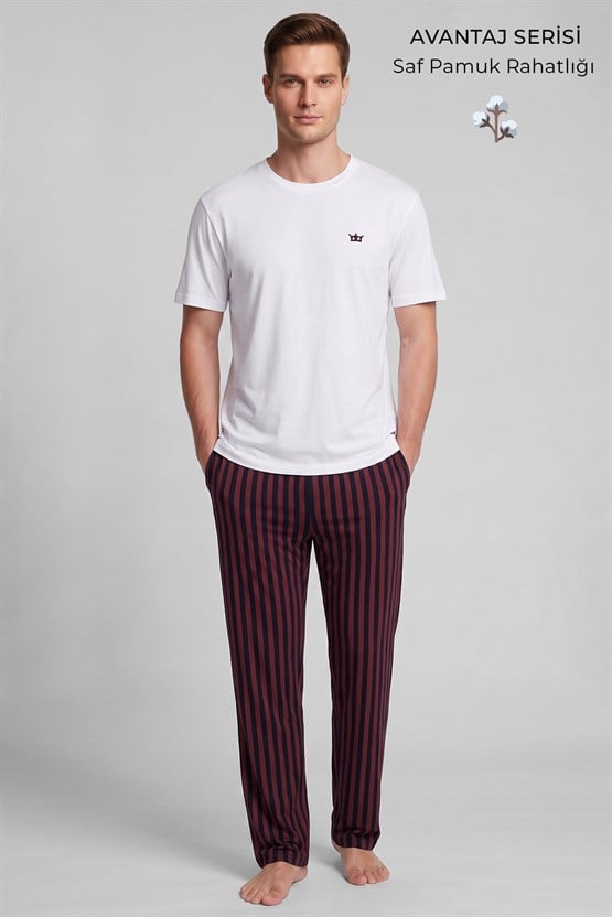 Mısırlı Erkek Pamuk Çizgili Pijama Takım Beyaz-Bordo