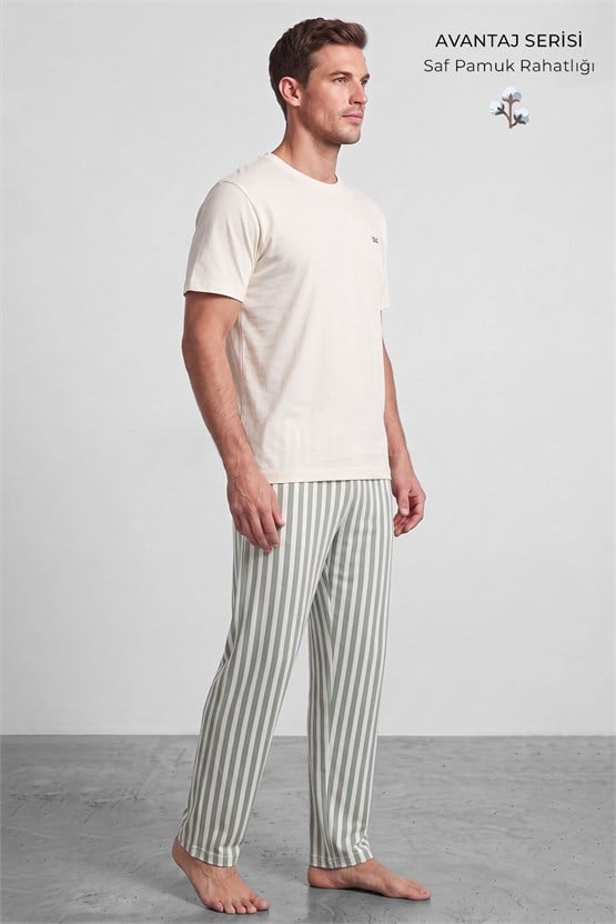 Mısırlı Erkek Pamuk Çizgili Pijama Takım Beyaz-Yeşil