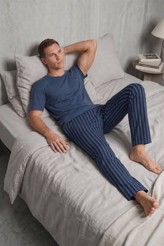 Mısırlı Erkek Pamuk Çizgili Pijama Takım Koyu Lacivert