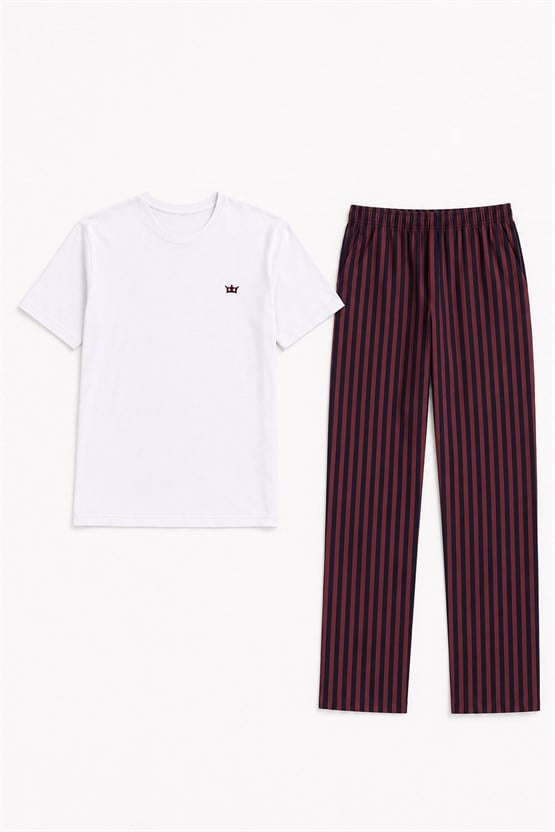 Mısırlı Erkek Pamuk Çizgili Pijama Takım Beyaz-Bordo
