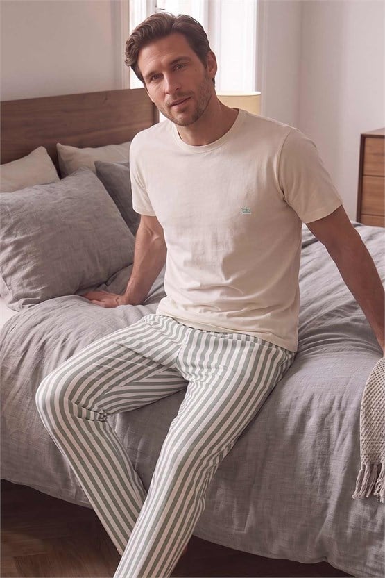 Mısırlı Erkek Pamuk Çizgili Pijama Takım Beyaz-Yeşil