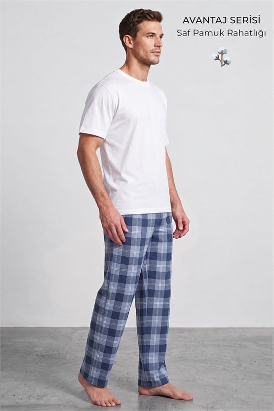 Mısırlı Erkek Pamuk Ekoseli Alt Pijama Mavi