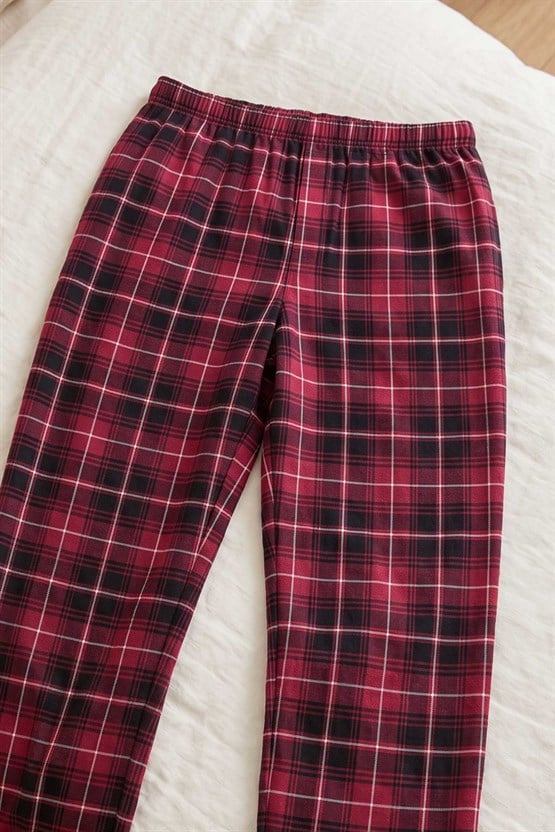 Mısırlı Erkek Pamuk Ekoseli Alt Pijama Açık Kırmızıı