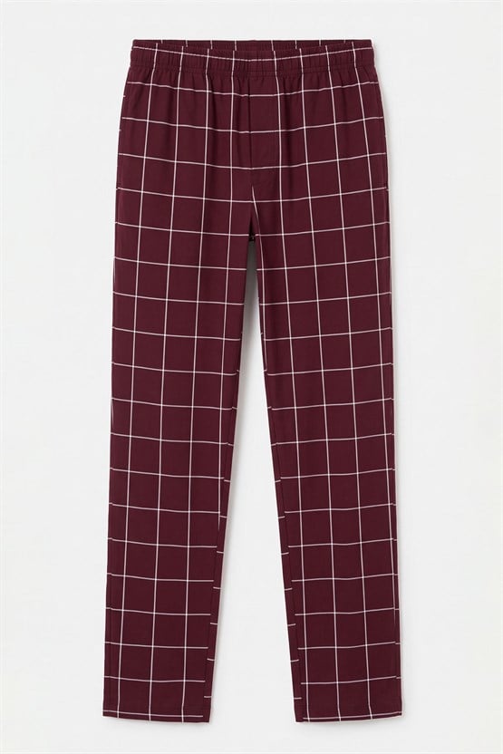 Mısırlı Erkek Pamuk İnce Ekoseli Alt  Pijama Bordo