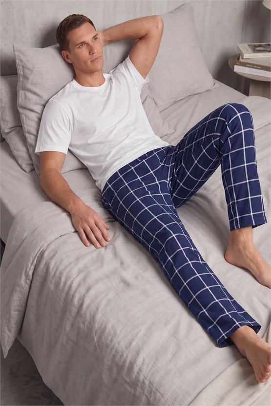 Mısırlı Erkek Pamuk İnce Ekoseli Alt  Pijama Açık Lacivert