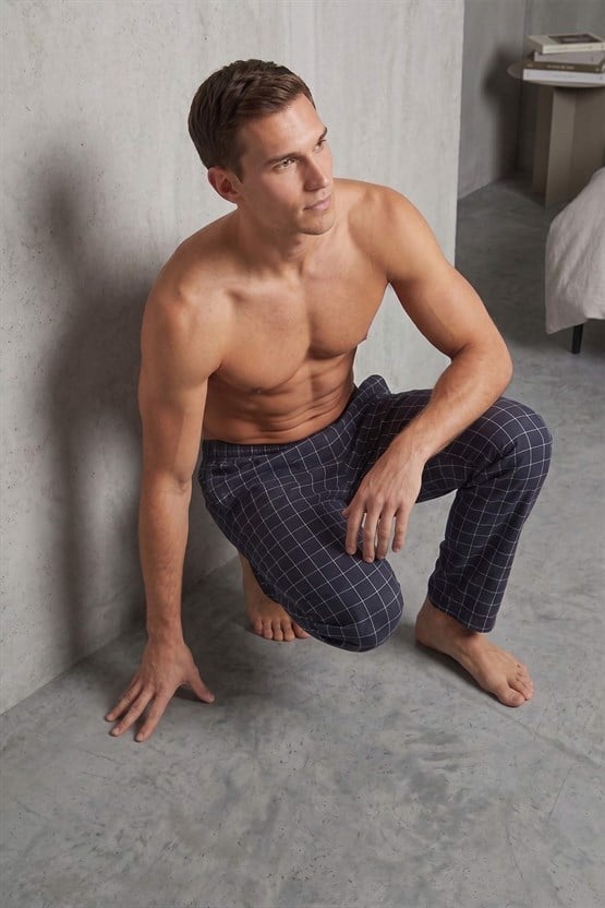 Mısırlı Erkek Pamuk İnce Ekoseli Alt  Pijama Lacivert