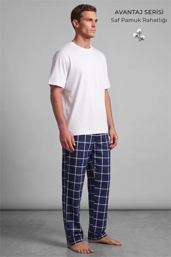 Mısırlı Erkek Pamuk İnce Ekoseli Alt  Pijama Açık Lacivert