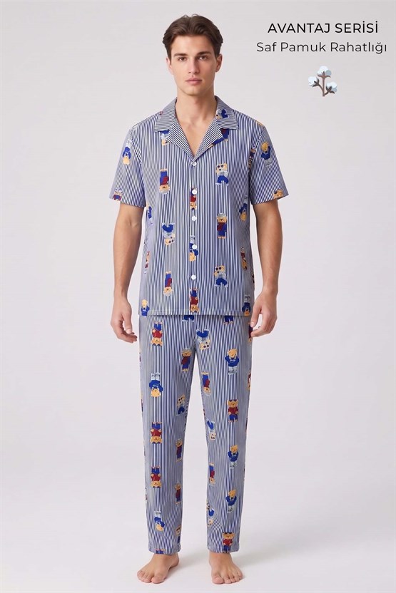 Mısırlı Erkek Pamuk Kısa Kollu Gömlek Pijama Takım Lacivert