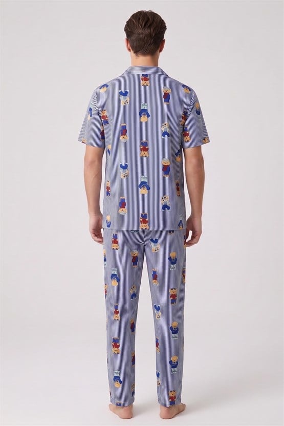 Mısırlı Erkek Pamuk Kısa Kollu Gömlek Pijama Takım Lacivert