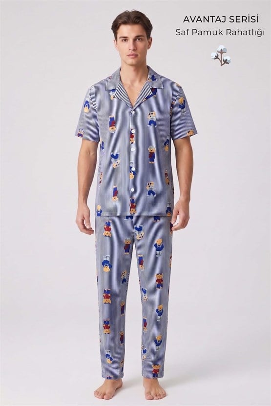 Mısırlı Erkek Pamuk Kısa Kollu Gömlek Pijama Takım Lacivert