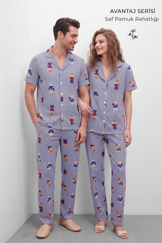 Mısırlı Erkek Pamuk Kısa Kollu Gömlek Pijama Takım Lacivert
