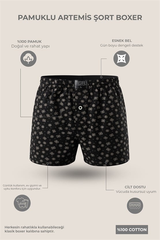 Mısırlı Erkek Pamuk Artemis Relax Fit Boxer Geometrik Desen/Siyah