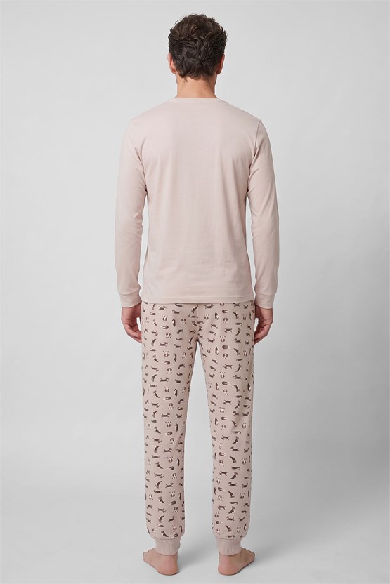 Mısırlı Erkek Pamuklu Baskılı Pijama Takım Ekru