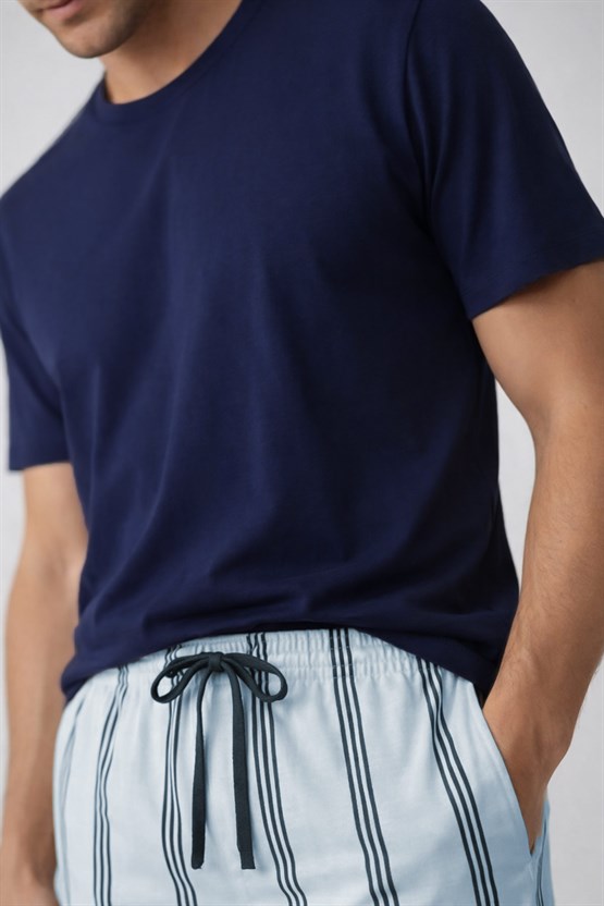 Mısırlı Erkek Pamuklu Bisiklet Yaka Çizgili Pijama Takım Lacivert/Mavi