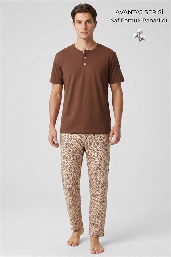 Mısırlı Erkek Pamuklu Bisiklet Yaka Düğmeli Pijama Takım Kahve/Bej
