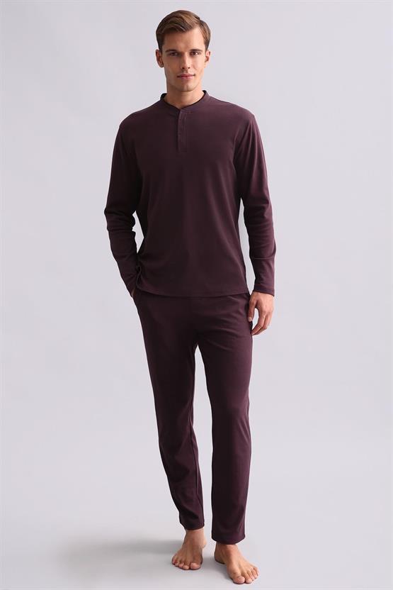 Mısırlı Erkek Pamuklu Uzun Kollu Hakim Yaka Pijama Takımı Bordo
