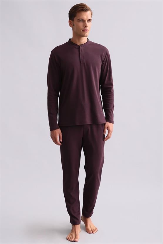 Mısırlı Erkek Pamuklu Uzun Kollu Hakim Yaka Pijama Takımı Bordo