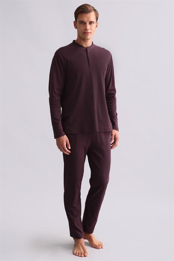 Mısırlı Erkek Pamuklu Uzun Kollu Hakim Yaka Pijama Takımı Bordo