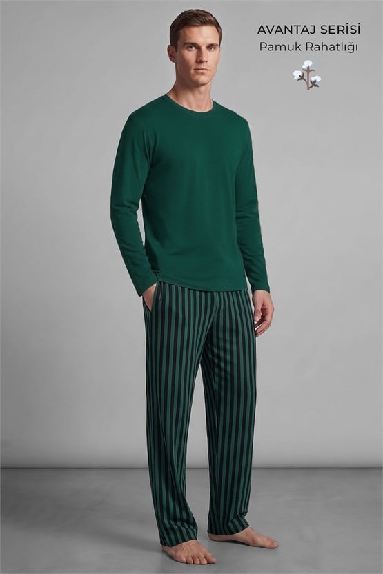 Mısırlı Erkek Pamuklu Uzun Kollu Pijama Takım Zümrüt Yeşil-Siyah