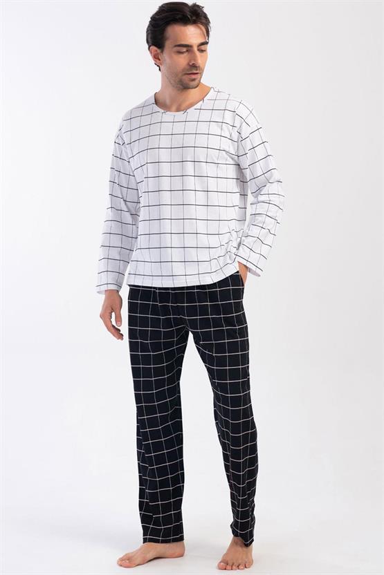 Mısırlı Erkek Pamuklu Uzun Kollu Pijama Takımı Beyaz