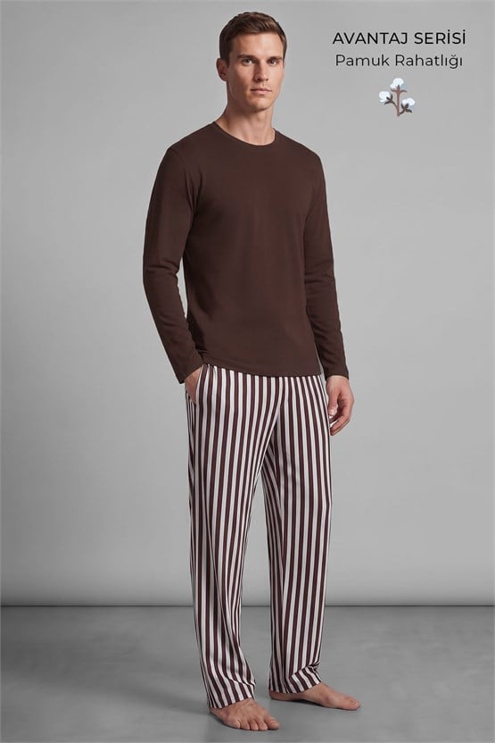 Mısırlı Erkek Pamuklu Uzun Kollu Pijama Takım Kahverengi-Ekru