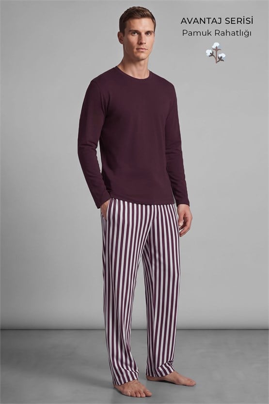 Mısırlı Erkek Pamuklu Uzun Kollu Pijama Takım Mürdüm- Ekru