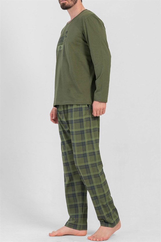 Mısırlı Erkek Pamuklu Uzun Kollu Pijama Takımı Haki