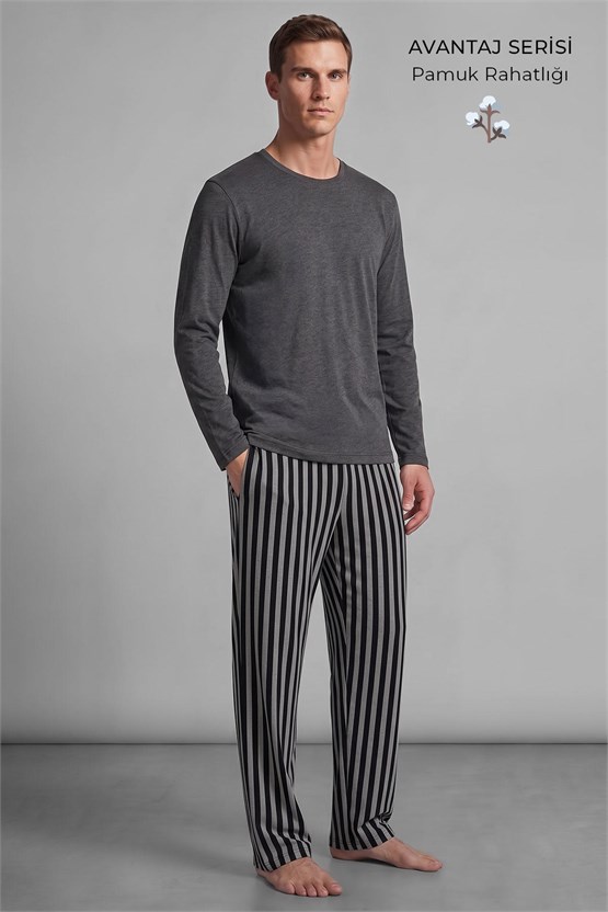 Mısırlı Erkek Pamuklu Uzun Kollu Pijama Takım Antrasit-Siyah