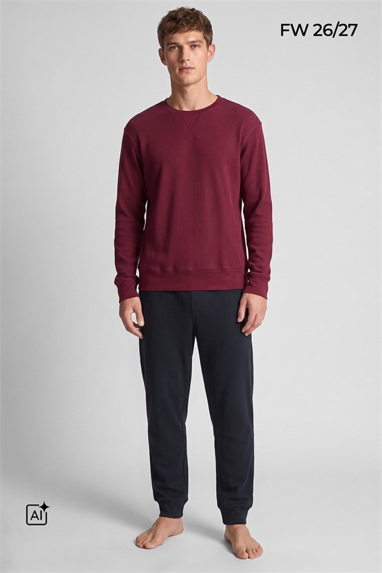 Mısırlı Erkek Pamuklu Uzun Kollu Pijama Takımı Bordo