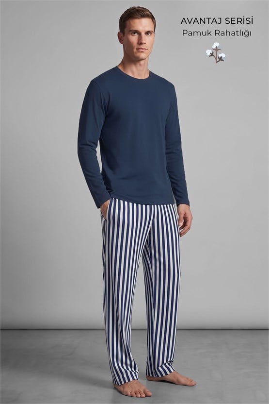 Mısırlı Erkek Pamuklu Uzun Kollu Pijama Takım Lacivert-Ekru