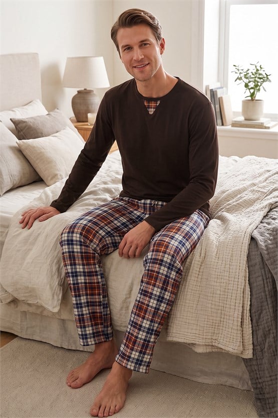 Mısırlı Erkek Pamuklu V Yaka Pijama Takım Kahverengi