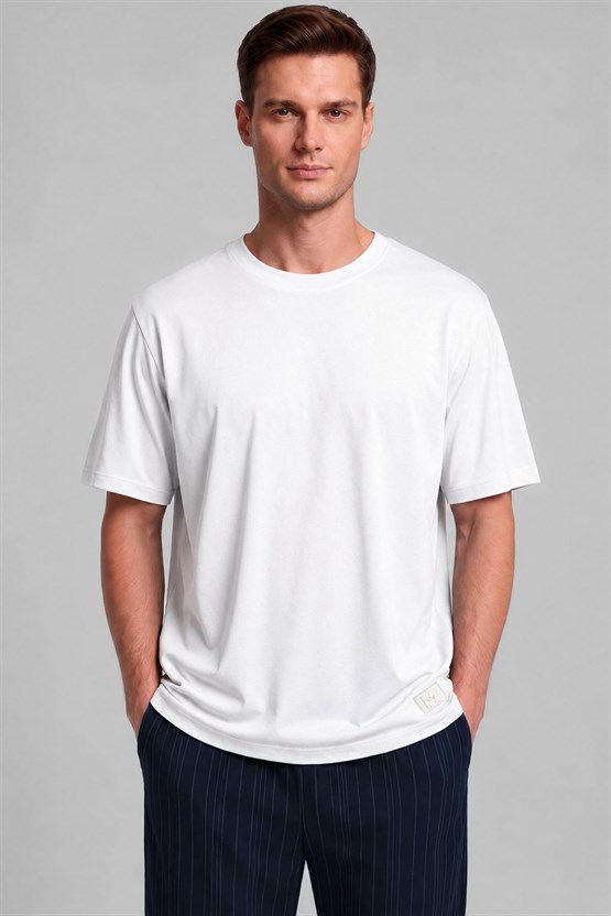 Mısırlı Erkek Relax Fit Penye T-Shirt Beyaz