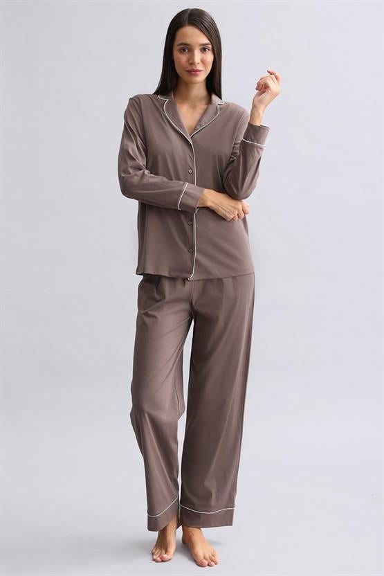 Mısırlı Kadın %100 Pamuk Pijama Takımı Kahverengi